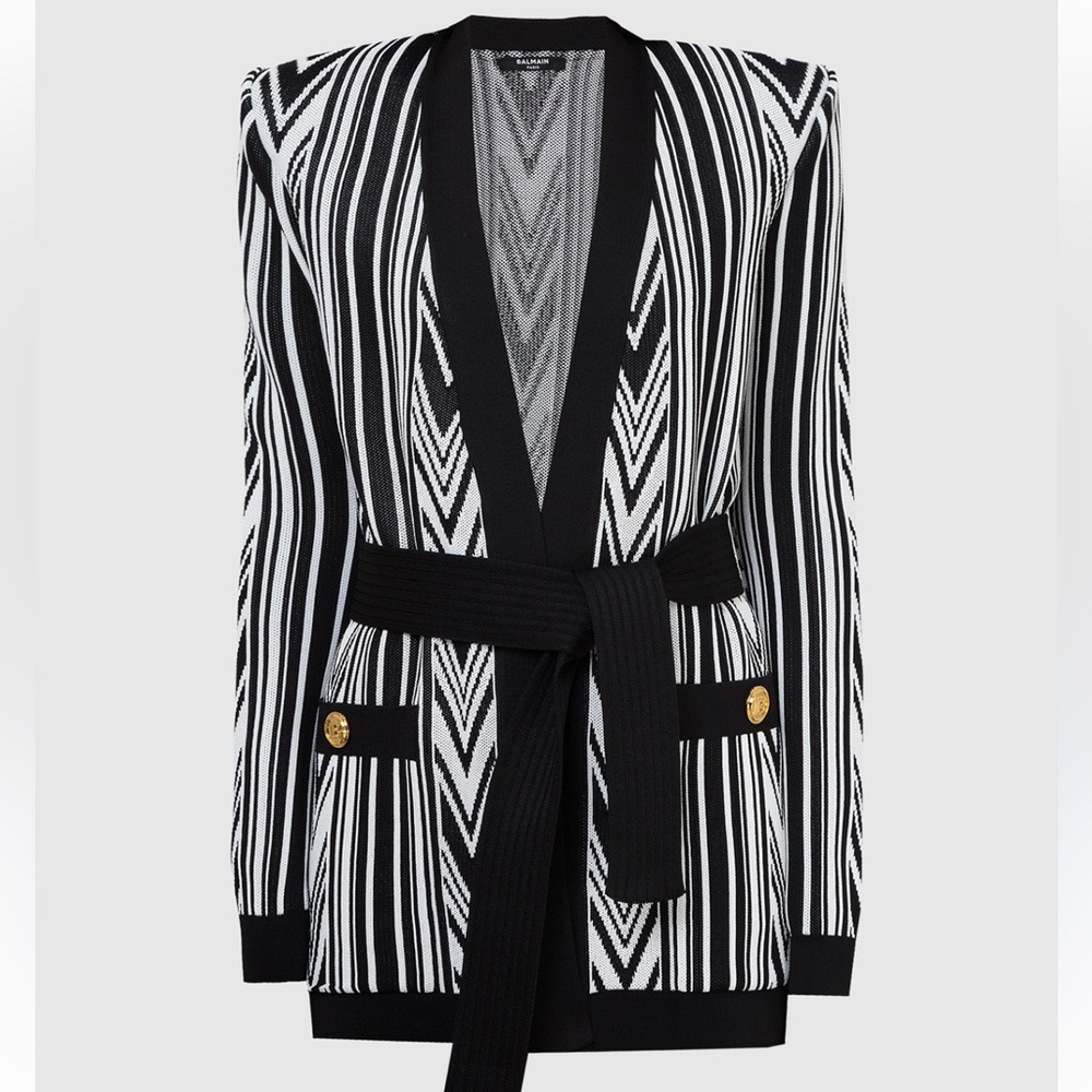 New Balmain Belted Monogram Cardigan Size 42